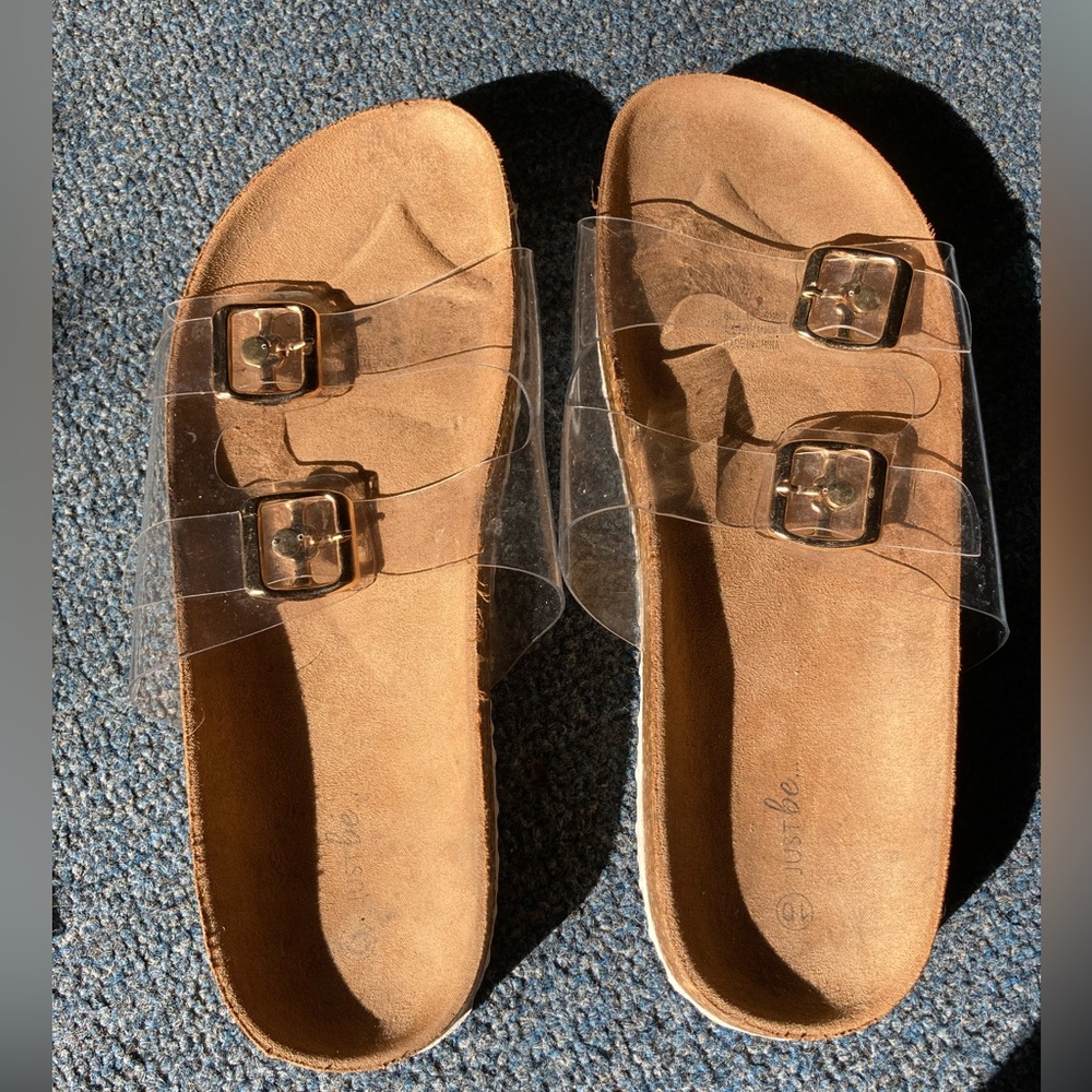 Clear strap, buckle sandals, women’s 10